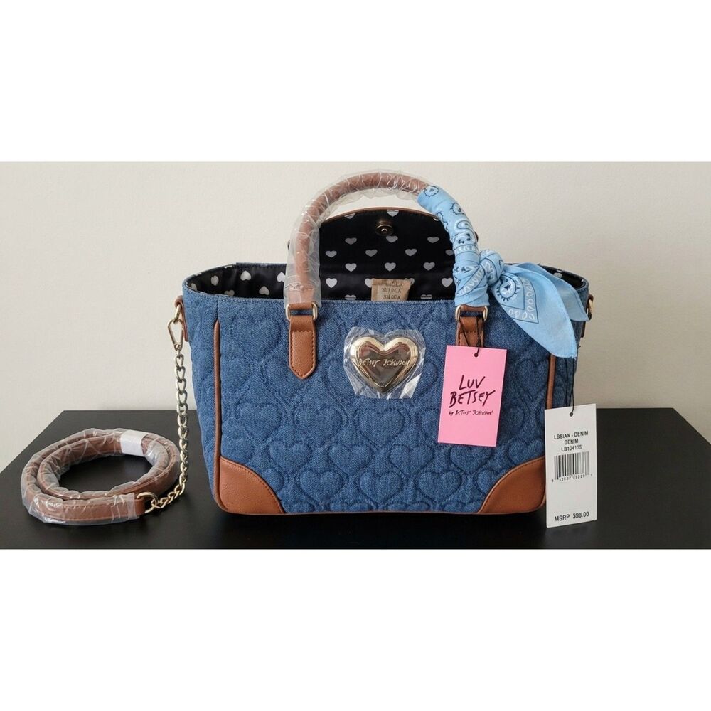 NWT Luv Betsey Johnson LBSIAN Denim Quilted Heart Mini Tote Scarf Bag